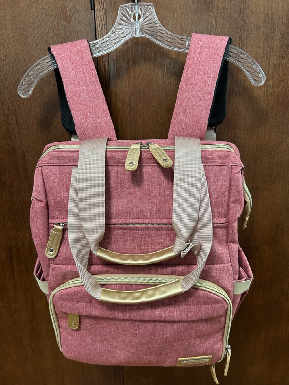 Knitting Bag Backpack, Yarn Storage, Organizer Travel Crochet with USB Pink/Tan
